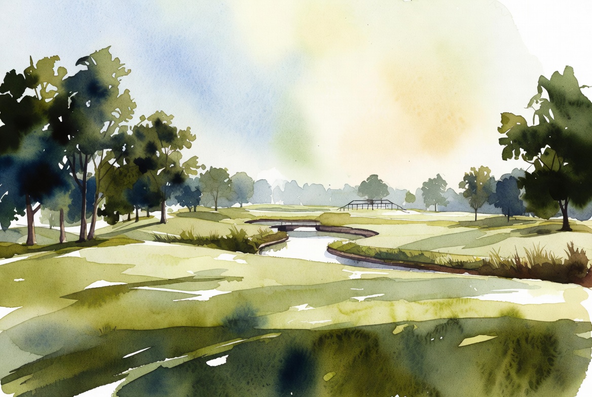 Golf course pollution liability insurance watercolor with chemicals, irrigation, runoff, storage, and environmental course exposures