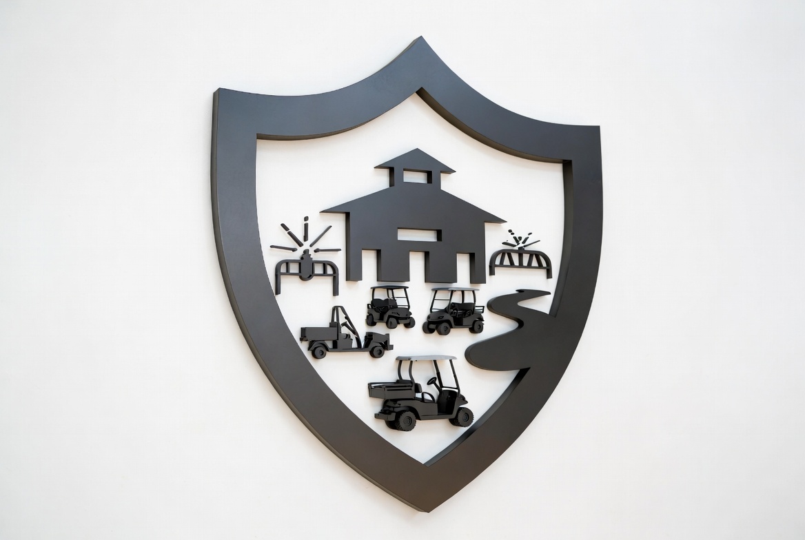 Golf course property insurance icon with shield, clubhouse, irrigation, carts, and maintenance equipment