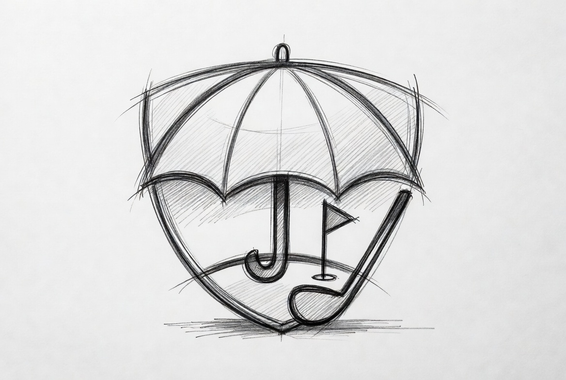 Golf course umbrella and excess liability insurance pencil sketch with protective shield layers