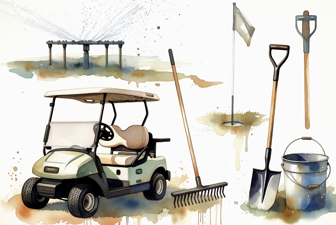 Golf course workers compensation insurance watercolor showing maintenance staff, safety elements, groundskeeping equipment, and course operations