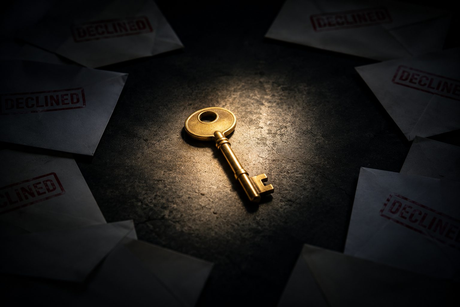 Spotlit key with declined envelopes representing hard-to-place HOA insurance