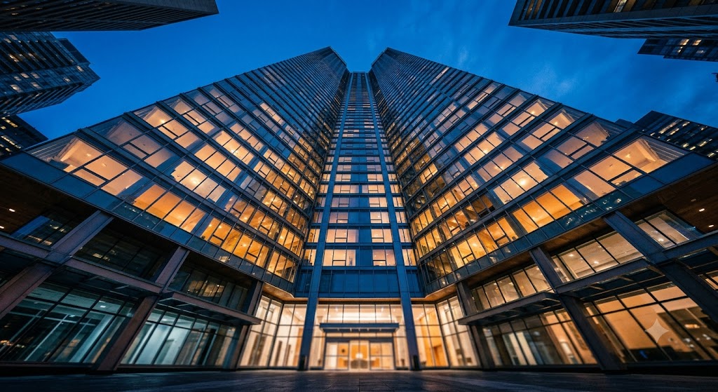Looking up at a glass high-rise condominium tower at dusk insured at the association level