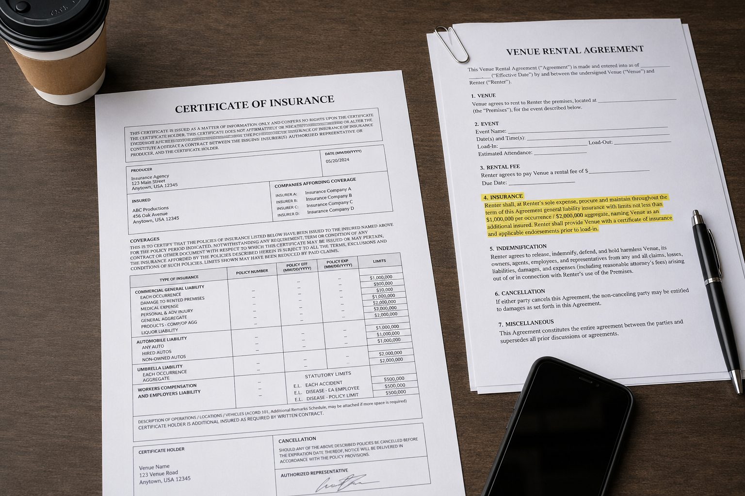 Promoter reviewing an insurance program contract, representing an annual program covering a full year of hip hop shows under one policy