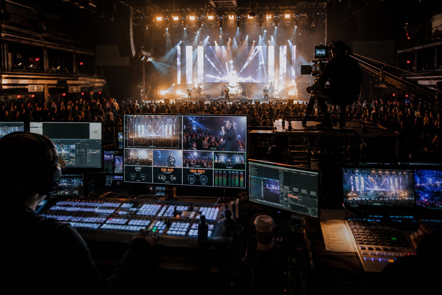 Broadcast production setup for a hip hop livestream concert, with cameras and streaming equipment that shift the insurance emphasis toward gear and the feed