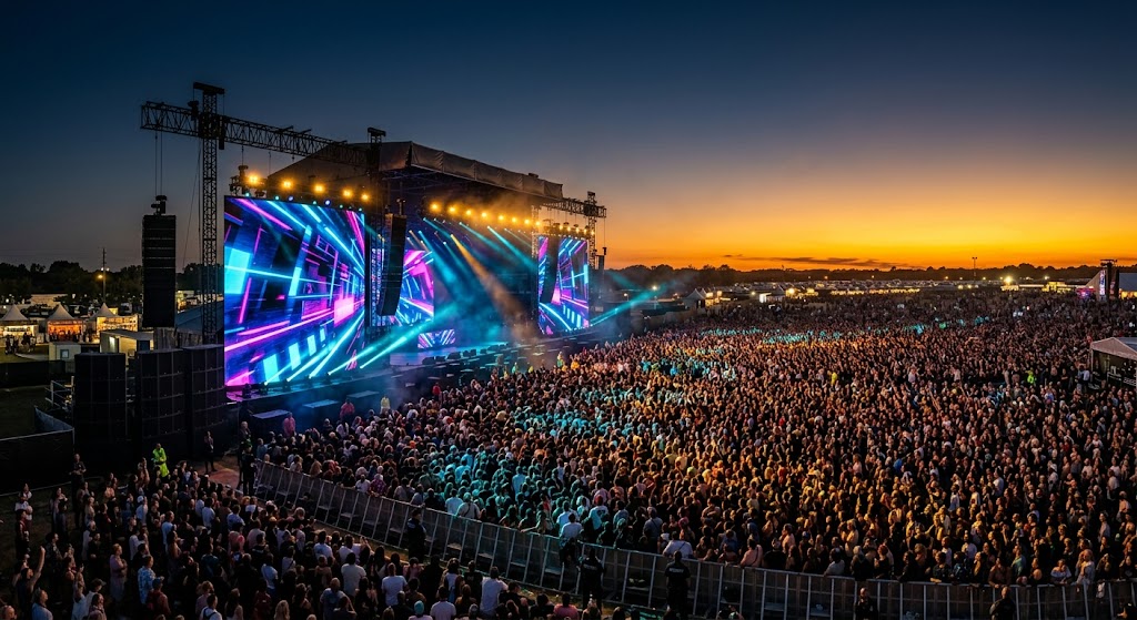 Outdoor hip hop concert stage set against open sky, the kind of weather-exposed production where cancellation and non-appearance coverage protects committed spend
