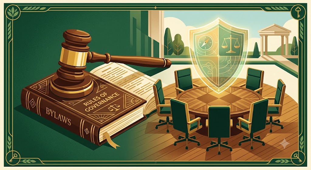 Gavel resting on association bylaws with a protective shield representing D&O insurance for board members