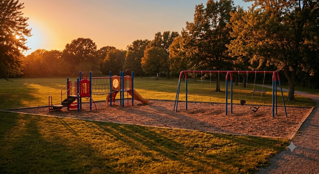 Community playground at golden hour representing recreation liability insurance for associations