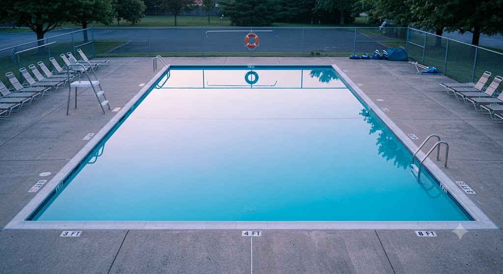 Community pool at dawn with life ring representing pool and spa liability insurance