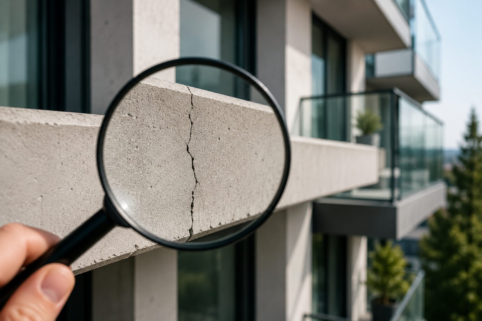 Cracked balcony under magnifier representing construction defect insurance for HOA associations