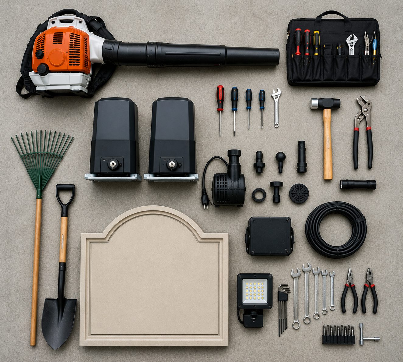 HOA equipment and signage arranged in knolling flatlay representing inland marine coverage