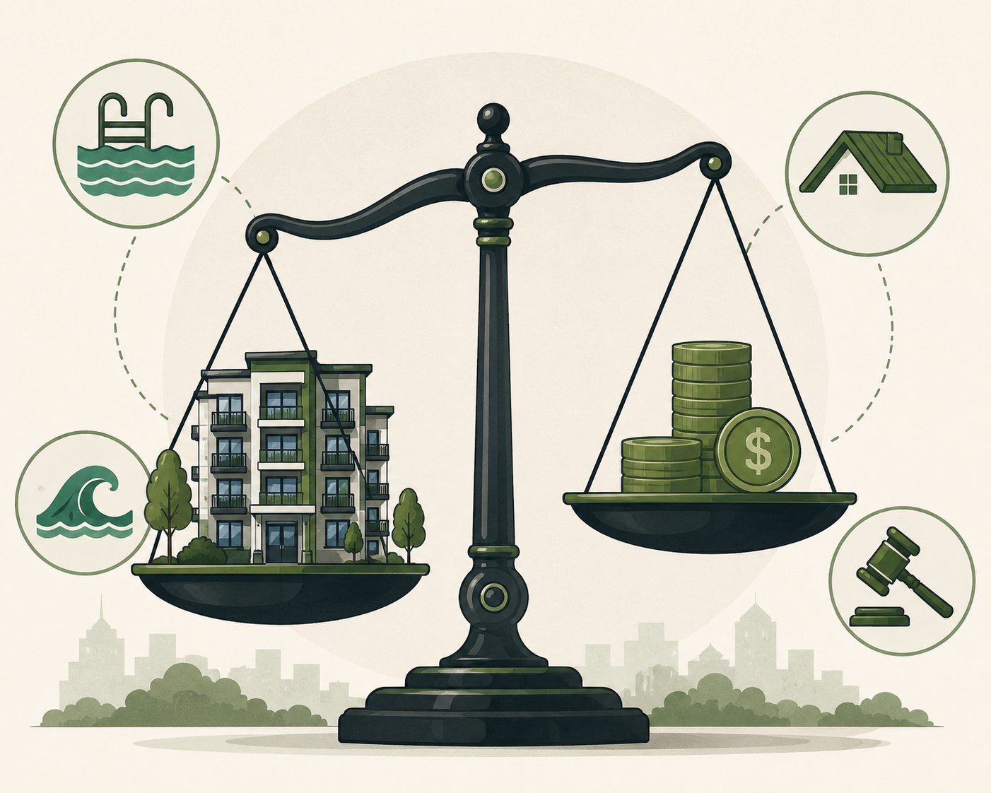 Balance scale with premium factors representing HOA insurance cost considerations