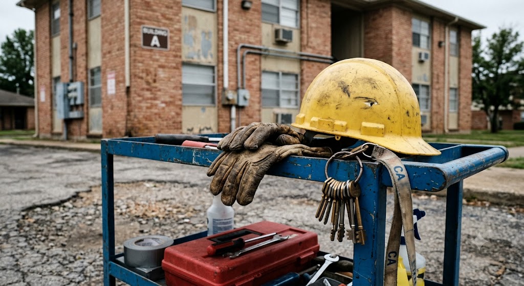 Maintenance worker gloves hardhat and cart representing workers compensation for community associations
