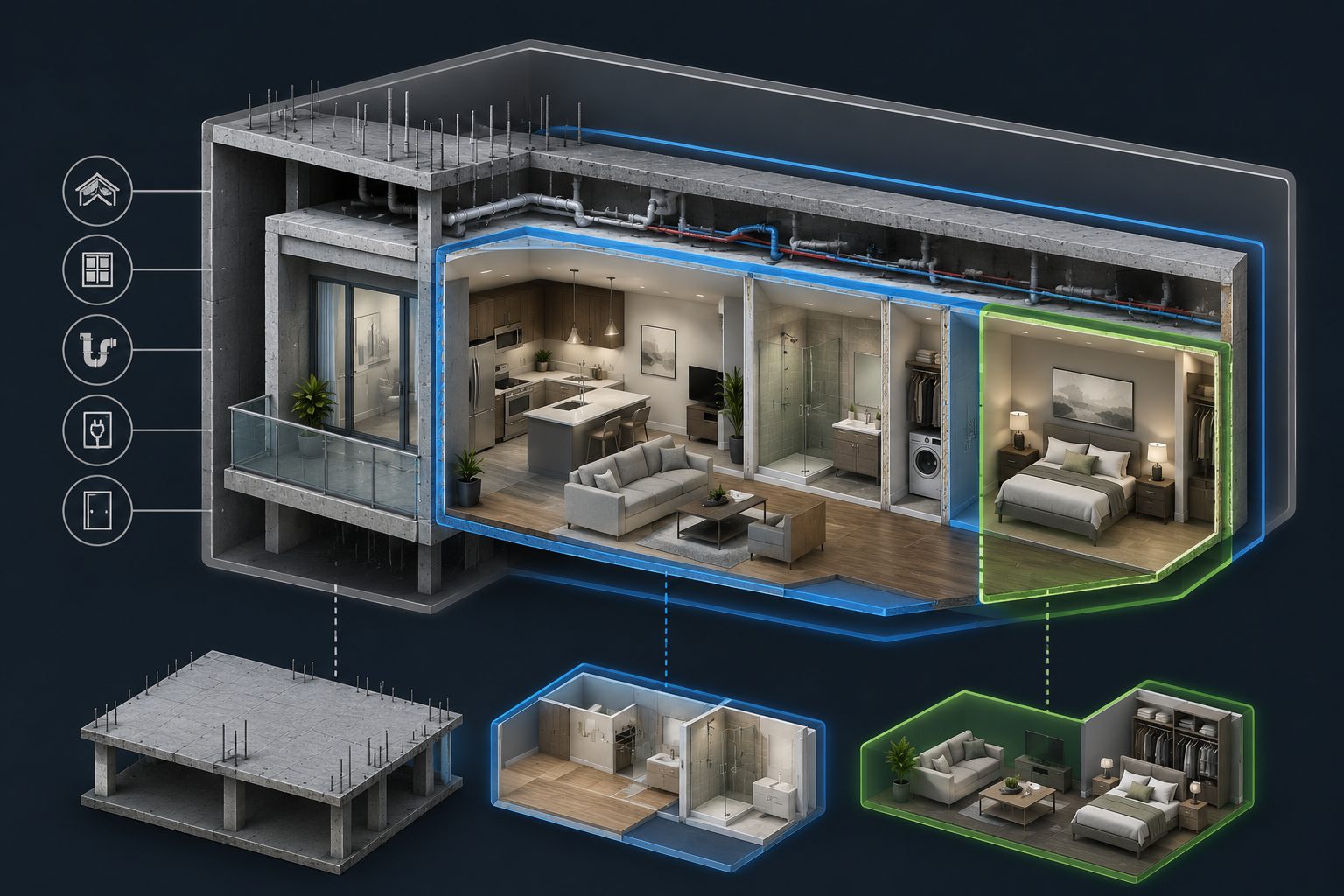 Infographic showing bare walls single entity and all-in master insurance coverage boundaries