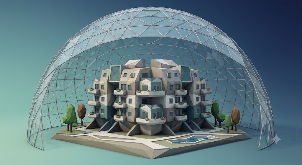 Low-poly protective dome over community buildings representing HOA master property insurance coverage
