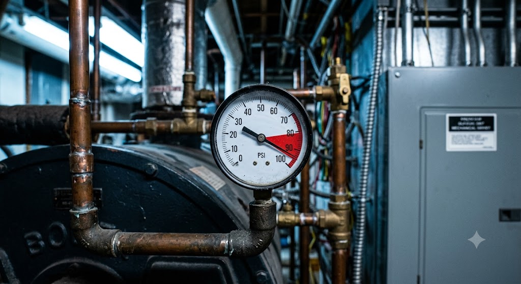 HOA mechanical room boiler pressure gauge representing equipment breakdown insurance coverage