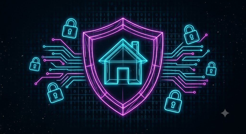 Digital shield protecting a house representing cyber liability insurance for community associations