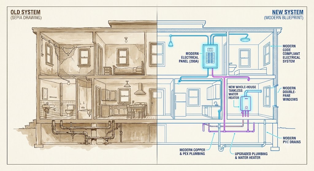 Side-by-side comparison of old construction versus code-compliant rebuild illustrating ordinance or law coverage
