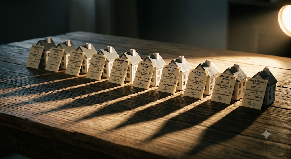House figurines with invoices representing shared loss assessment costs across unit owners
