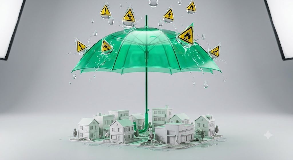 Umbrella shielding model buildings representing excess liability insurance for community associations
