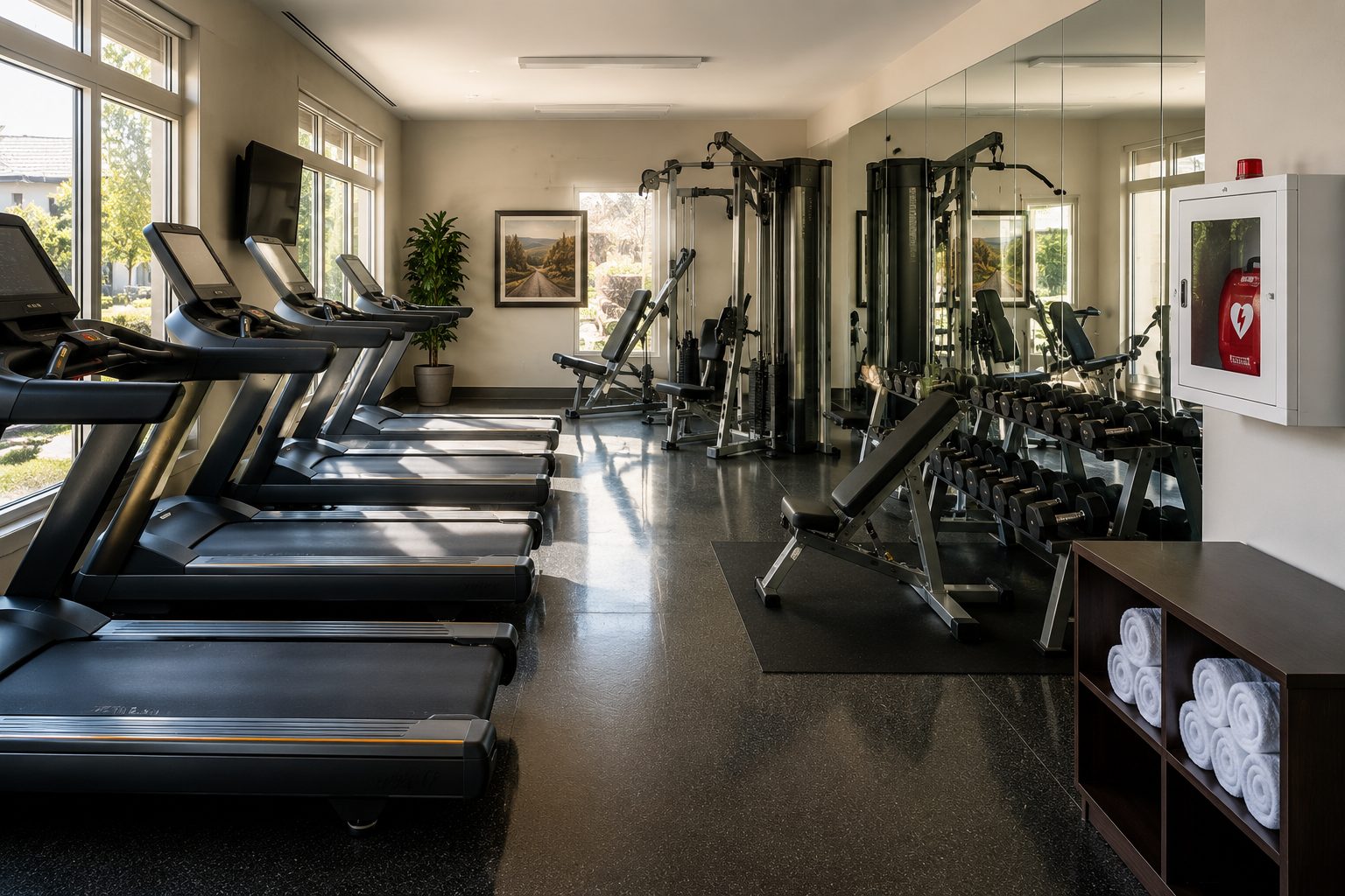 Unstaffed HOA fitness room with AED representing fitness center liability insurance