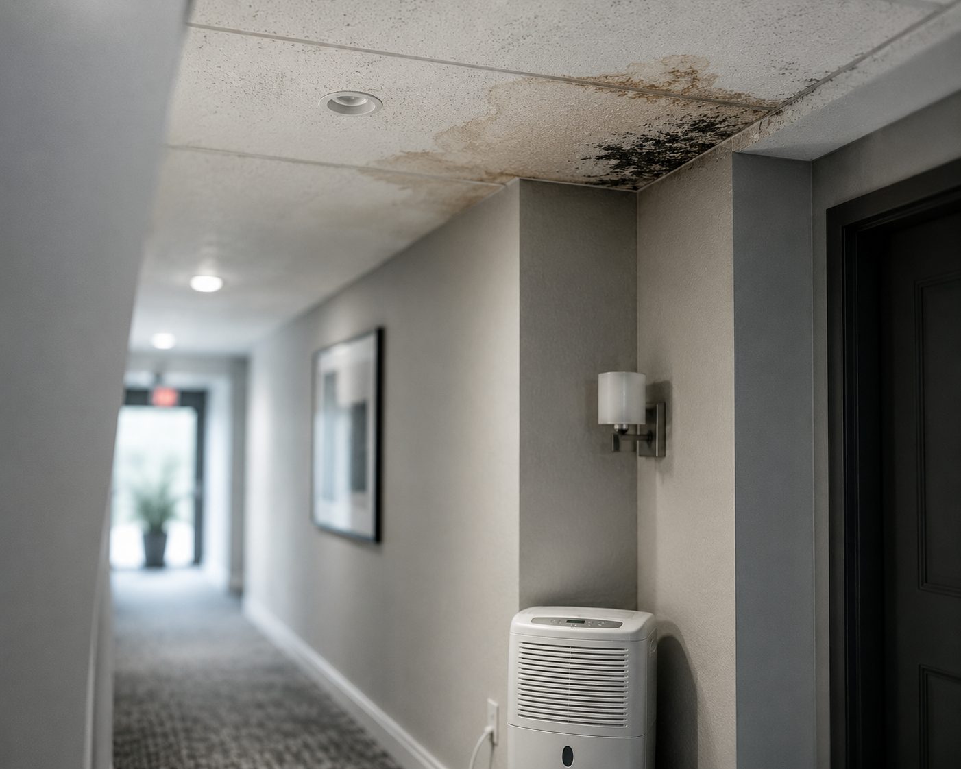 Water stain and mold in hallway with dehumidifier representing claims history impact on HOA insurance