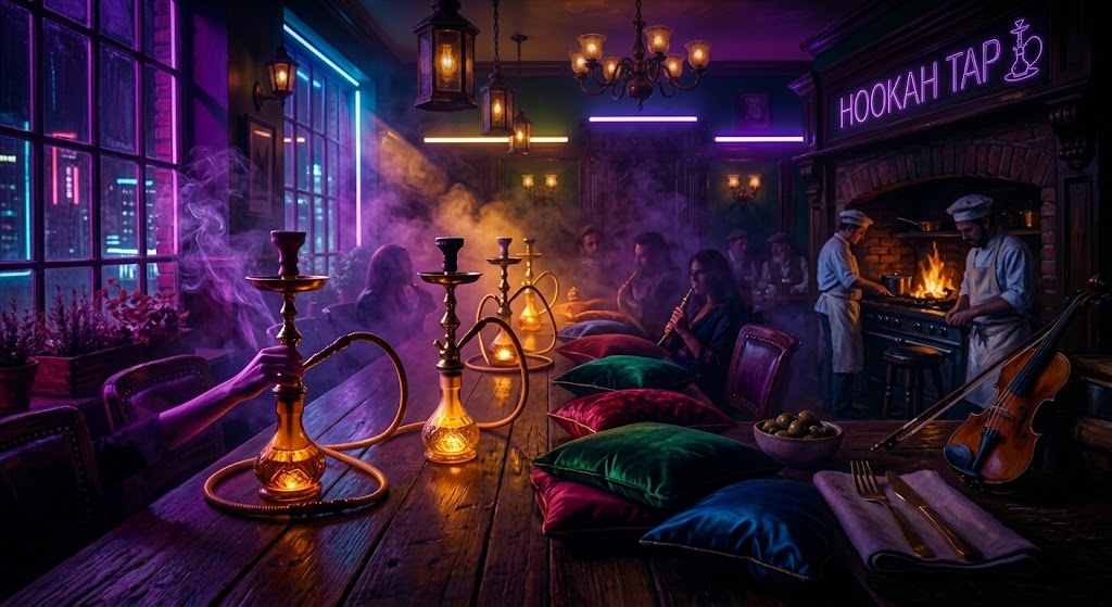 Dim hookah lounge with jewel-tone cushions and shisha pipes for hookah lounge insurance