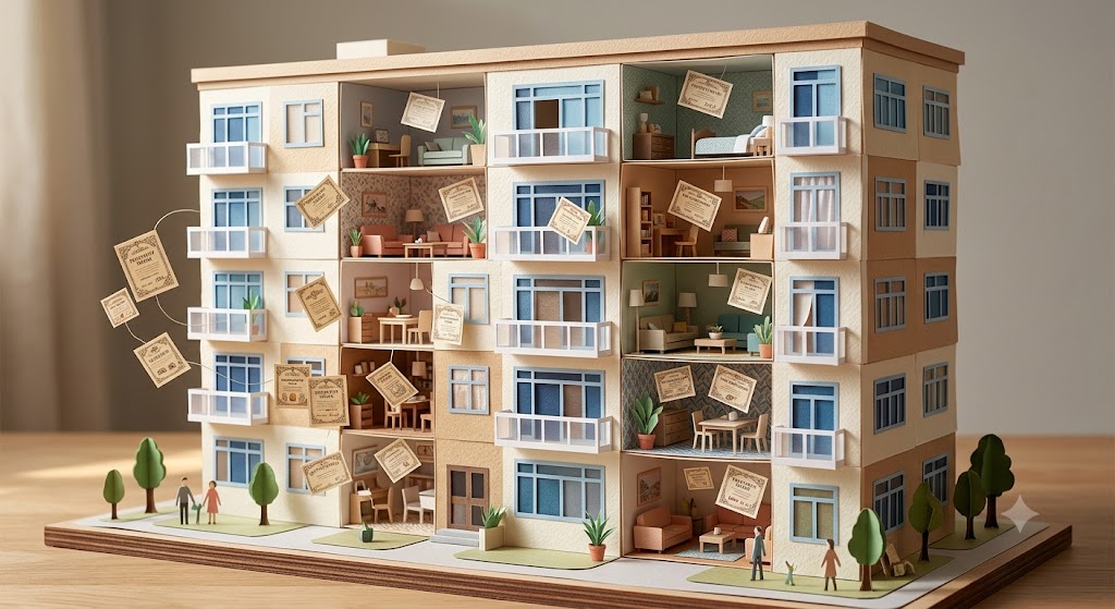 Papercraft-style illustration of a housing cooperative building with share certificates representing cooperative ownership