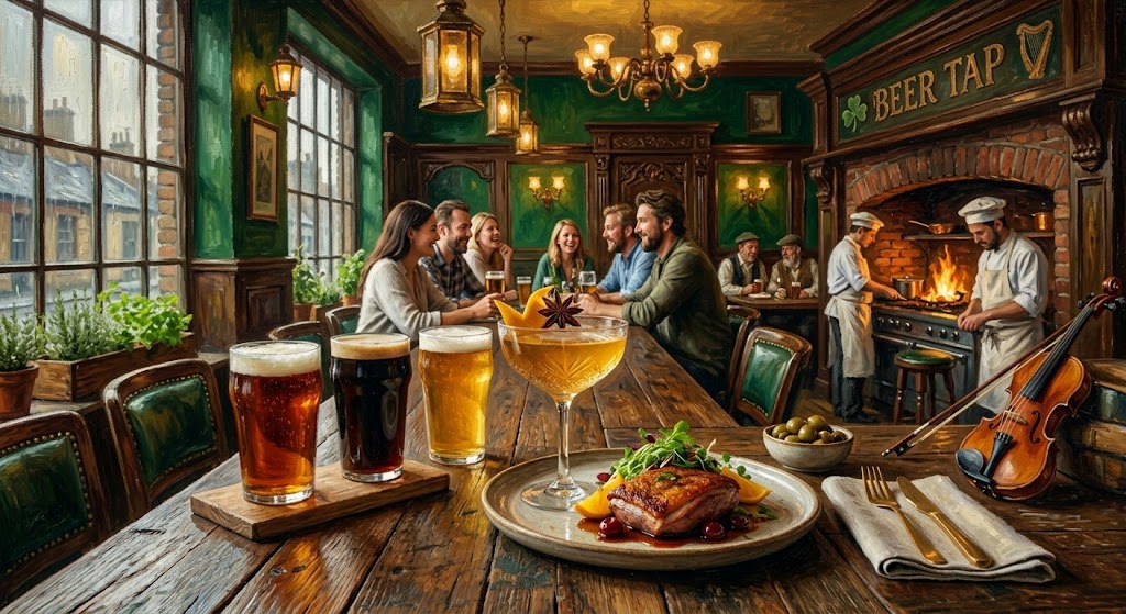 Traditional Irish pub interior with dark wood and green accents for Irish pub insurance