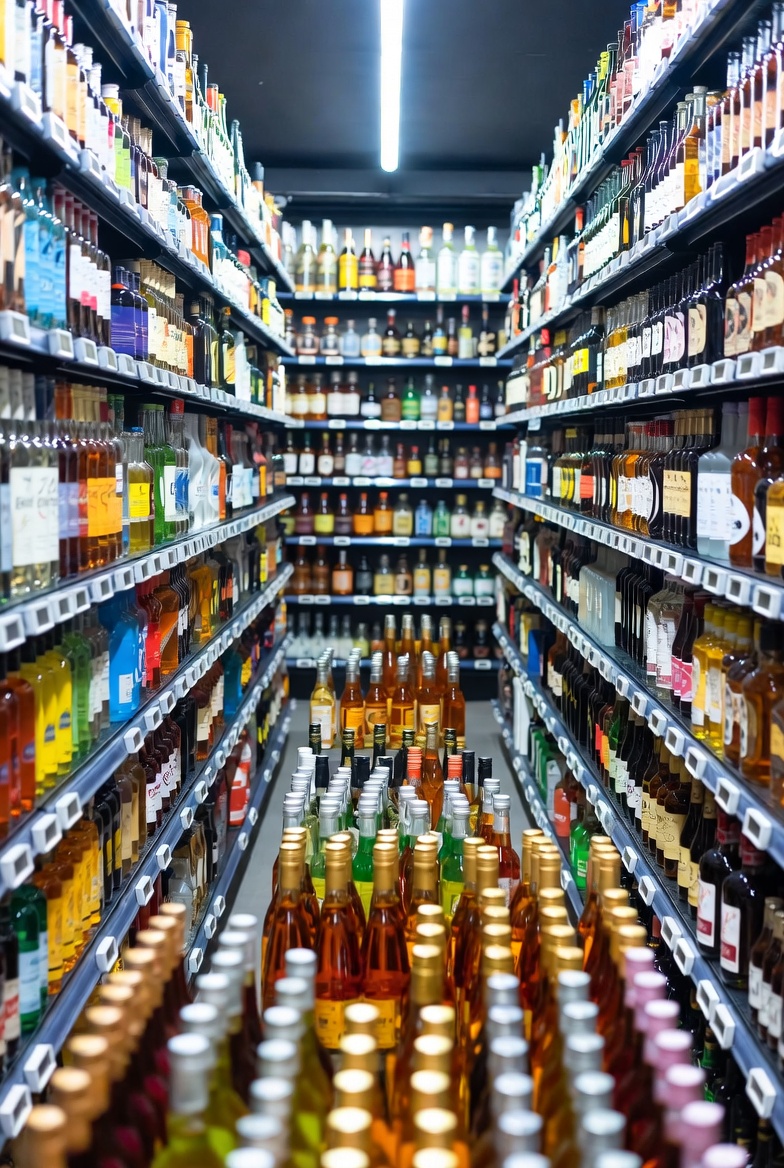 Shelves bottles and register for liquor store insurance
