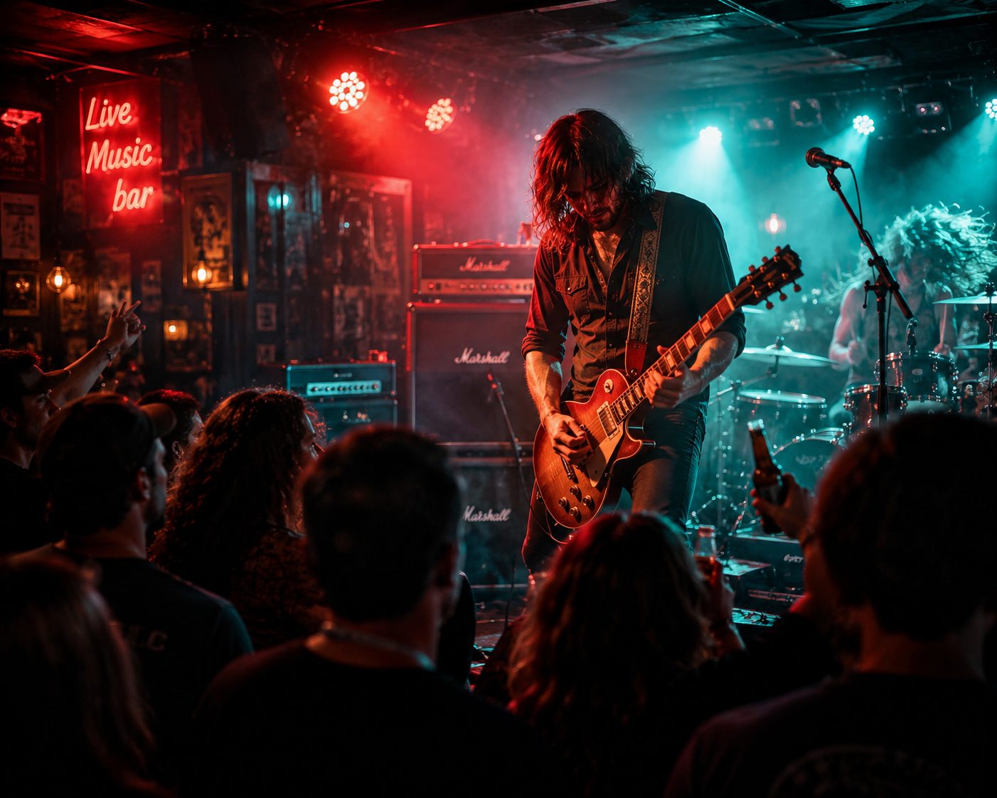 Intimate live music bar stage with amps and a crowd for live music bar insurance