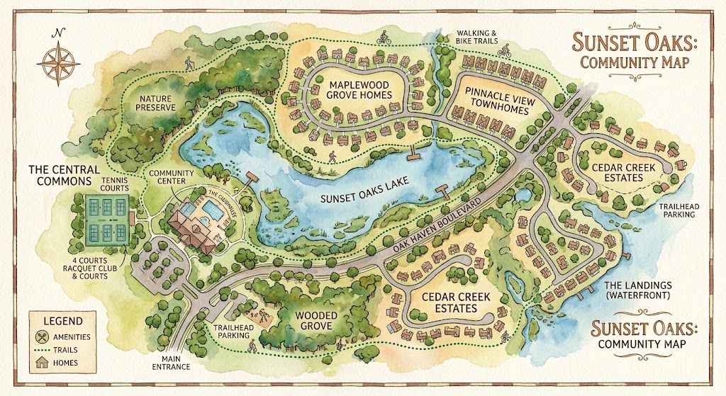 Watercolor aerial map of a master-planned property owners association development