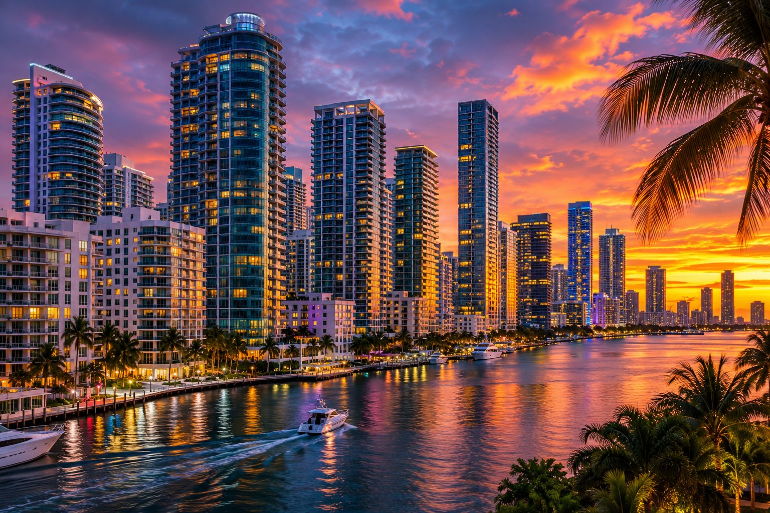 Miami-Dade and Broward County condo skyline at dusk over Biscayne Bay representing South Florida association insurance