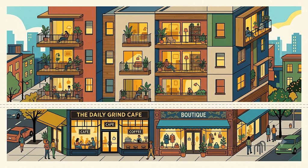 Mixed-use condo building with ground-floor shops and residences above insured by association policy