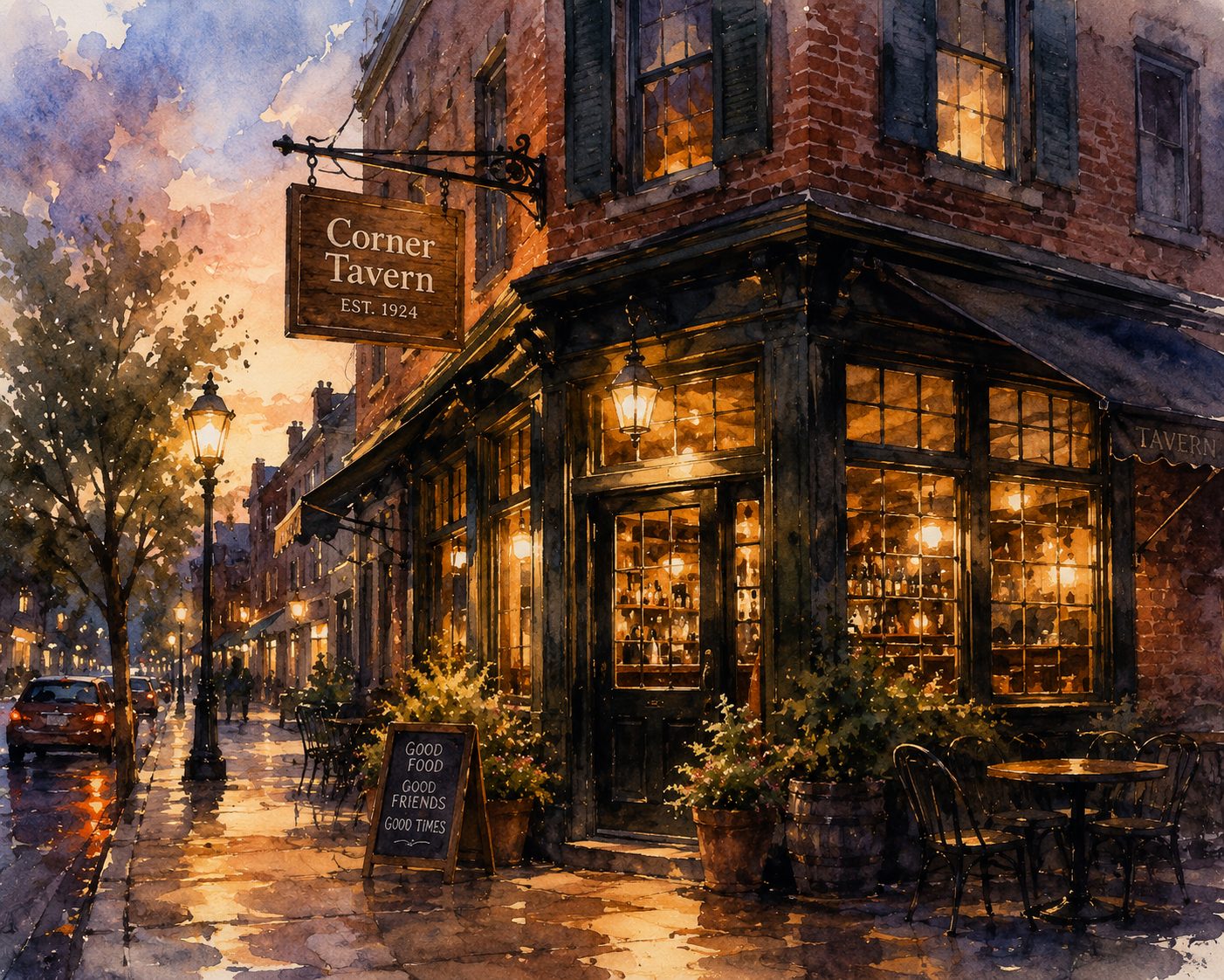 Cozy corner brick tavern at dusk for neighborhood tavern insurance