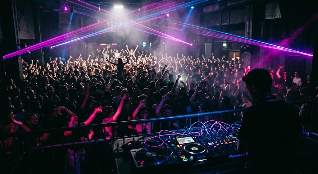 Packed nightclub dance floor lit by lasers and neon for nightclub insurance