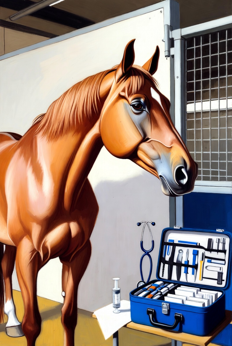 Original oil painting style equine veterinarian insurance scene showing horse care, farm call exposure, and mobile veterinary practice risk