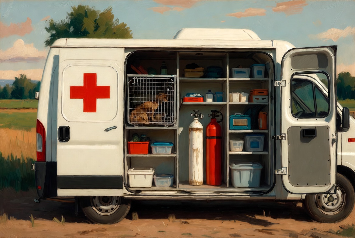 Original oil painting style mobile house-call veterinarian insurance scene with veterinary vehicle, animal care, and client location exposure