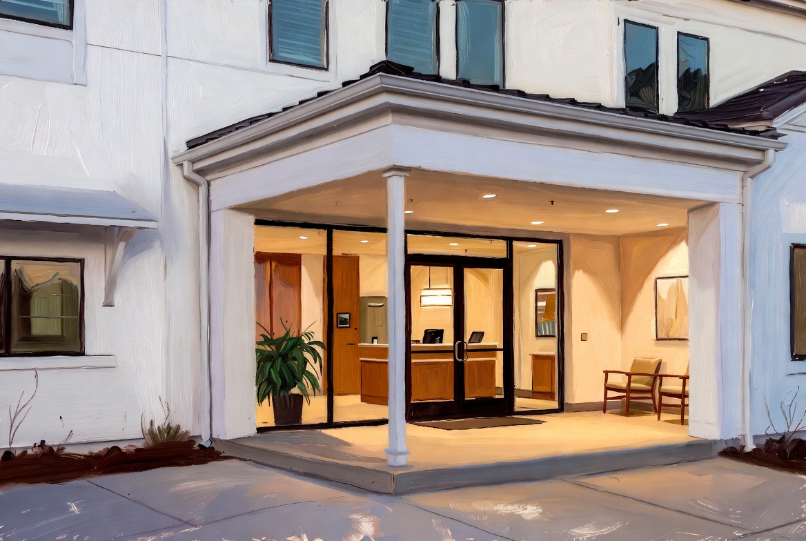 Original oil painting style veterinary clinic general liability and property insurance scene with clinic, animals, equipment, and practice coverage concerns