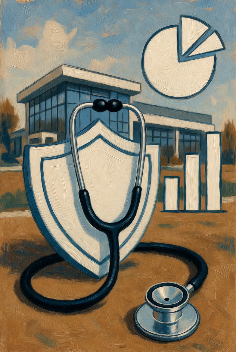 Original oil painting style veterinary hospital insurance cost and coverage guide scene with veterinary practice coverage planning