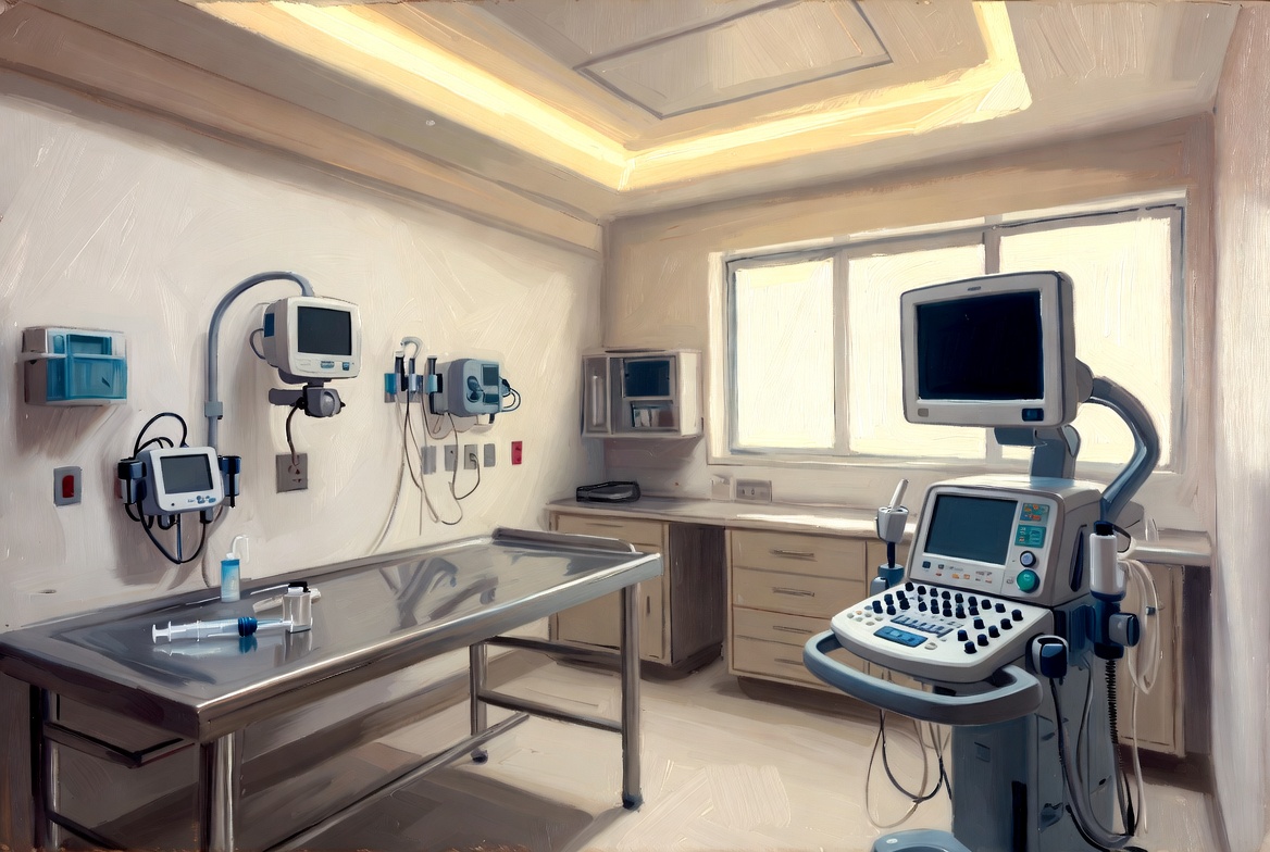 Original oil painting style veterinary hospital scene representing professional liability and practice insurance coverage