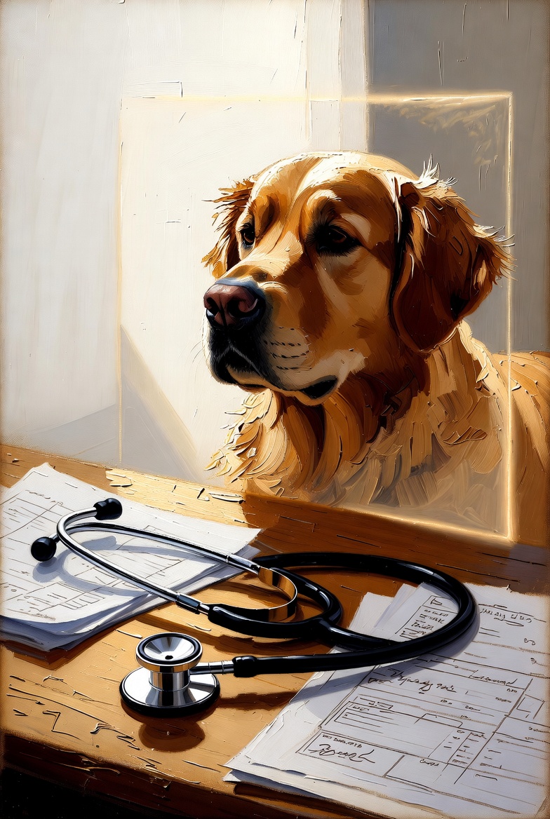Original oil painting style veterinary professional liability scene showing malpractice and animal bailee insurance concerns