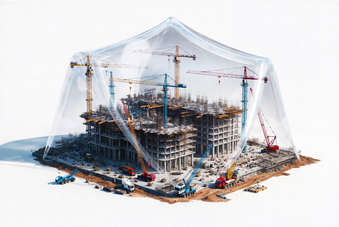 Owner controlled insurance program OCIP construction project protection shield showing construction project coverage, contractors, owner risk, and wrap-up insurance protection