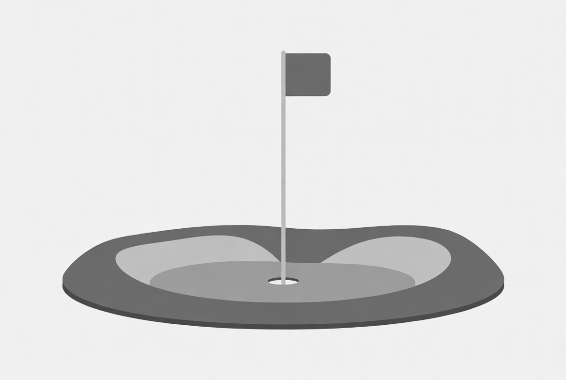 Par 3 golf course insurance icon with compact green, flagstick, bunker, and short fairway