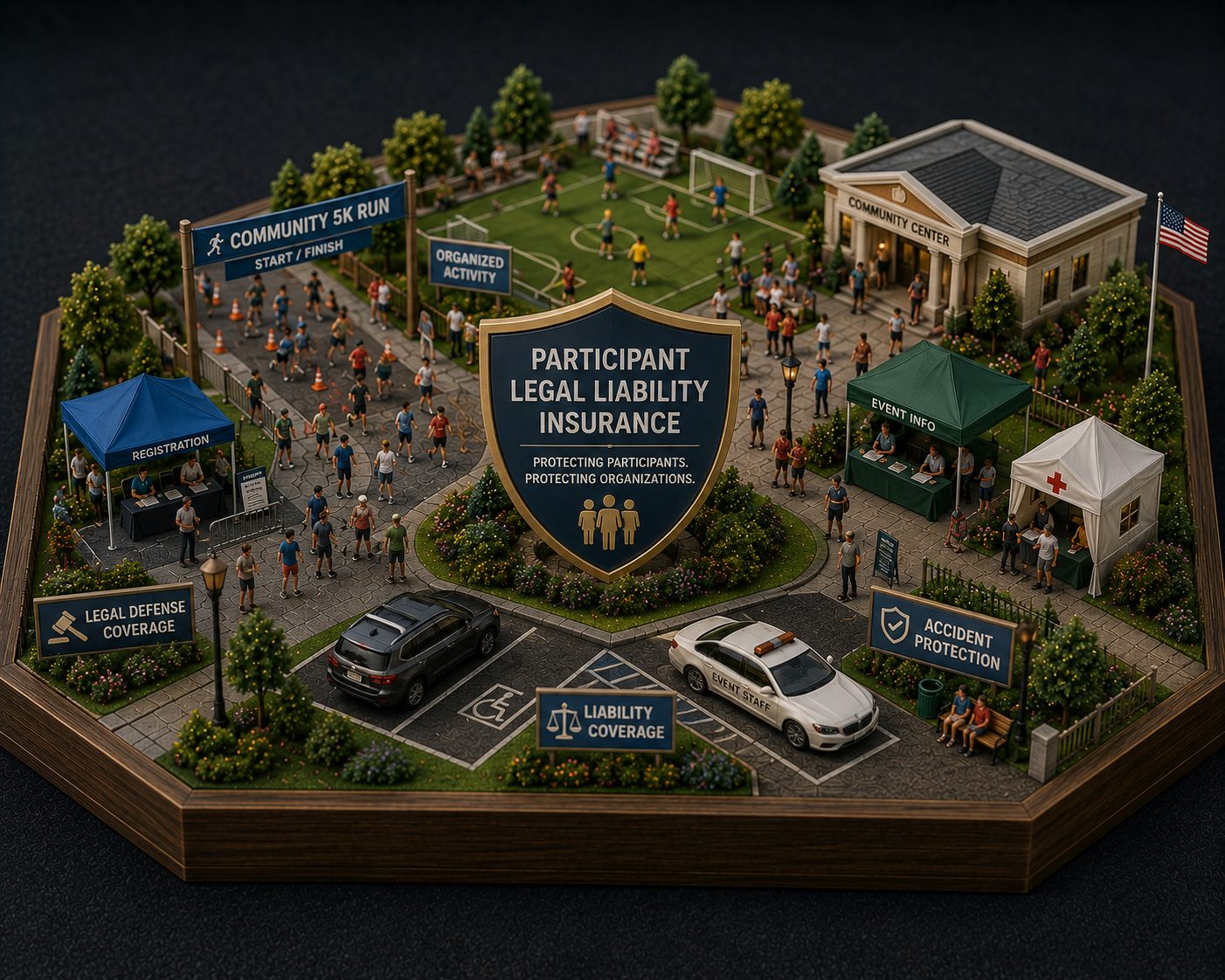 Event campus model representing organized participant activities, gathering spaces, and event support infrastructure for participant legal liability and organized activity risk management