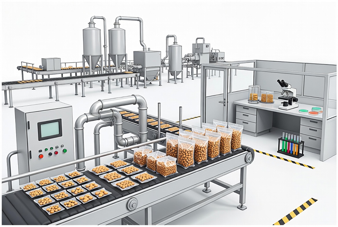 Pet food and treat products liability insurance manufacturing quality control scene with product testing, packaging, ingredients, and production review
