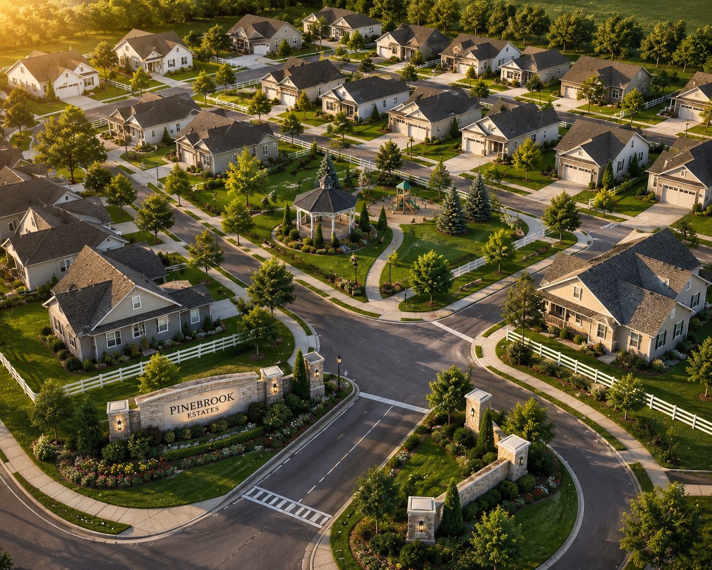Planned single-family HOA neighborhood in isometric view with shared common areas and entrance monument
