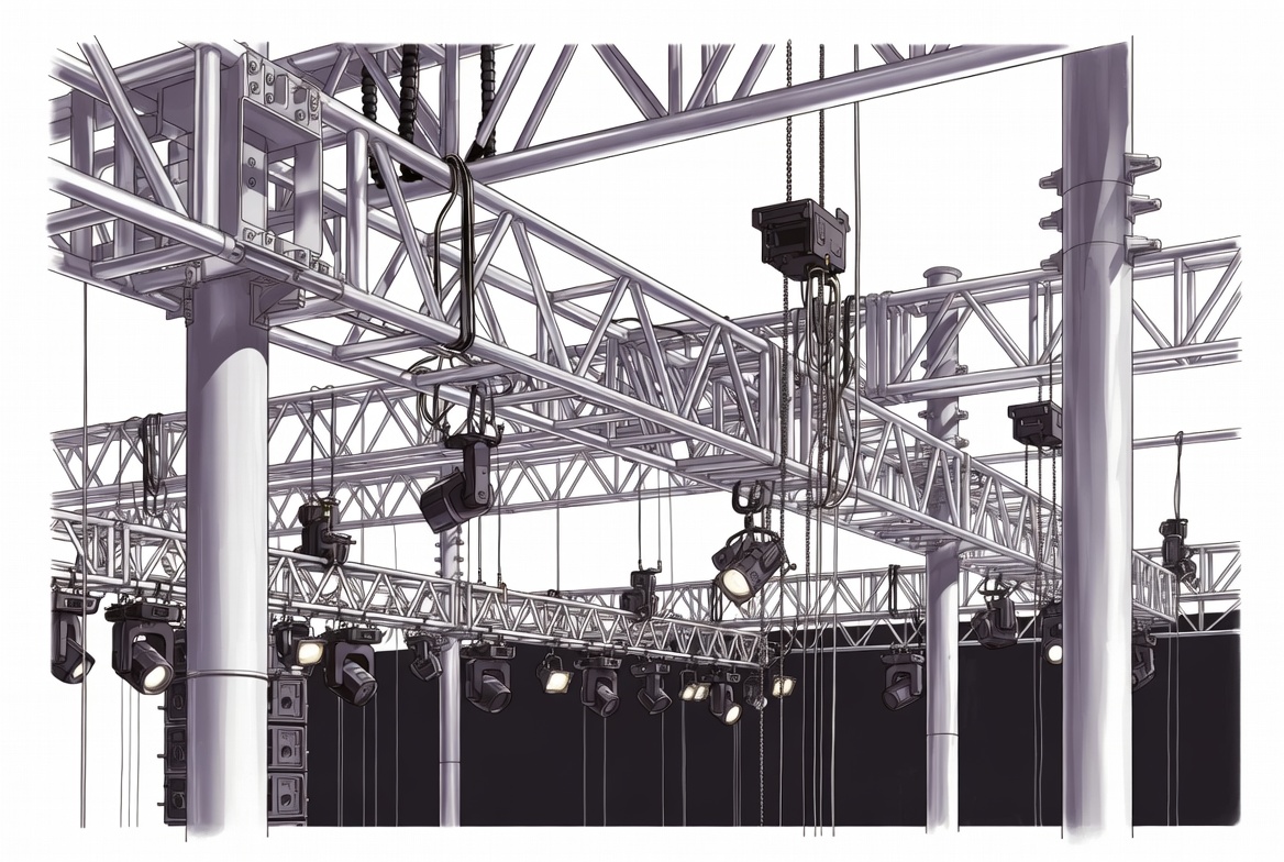 Professional stage rigging and truss system with lighting and safety equipment for event production