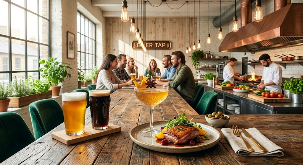 Rustic gastropub with open kitchen and pints for pub and gastropub insurance
