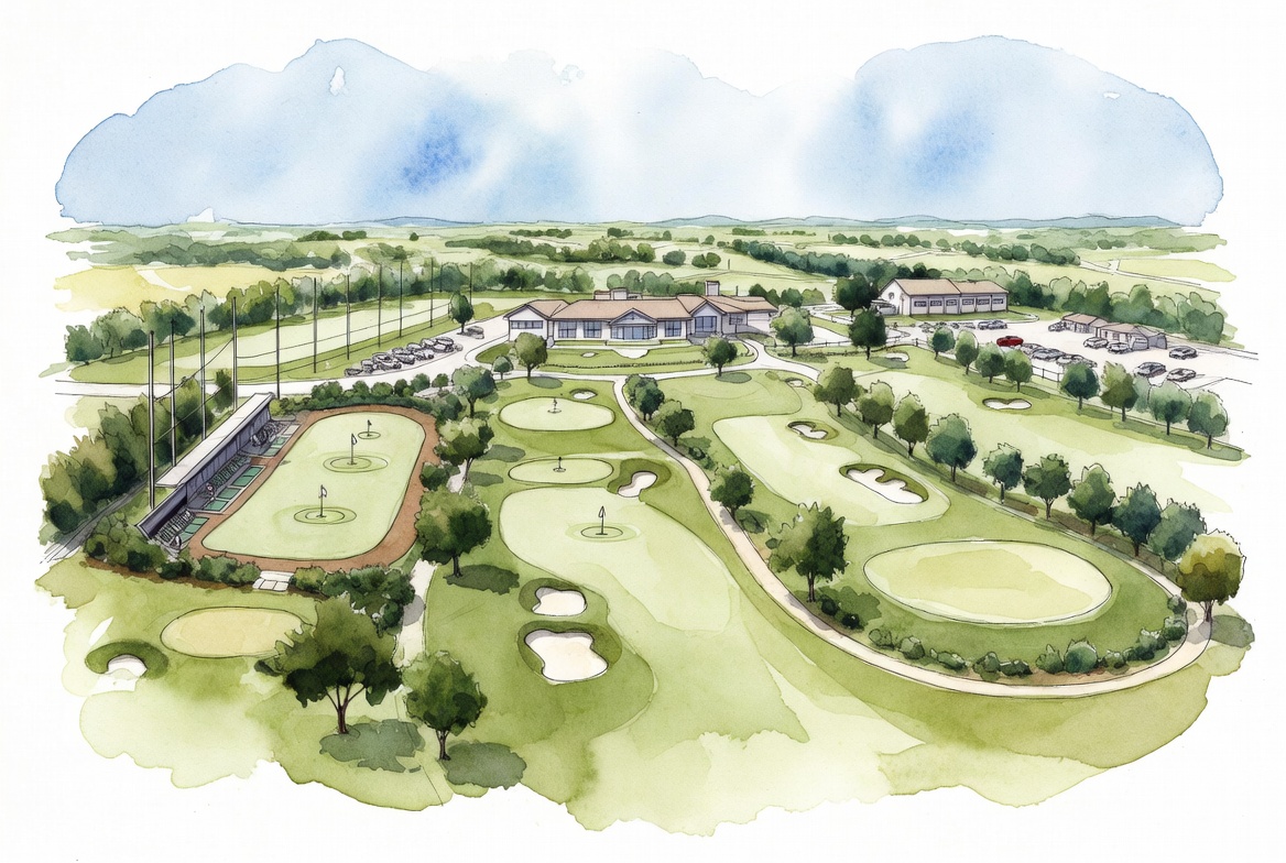 Public golf course insurance illustration showing accessible community course layout, fairways, clubhouse, and golf operations