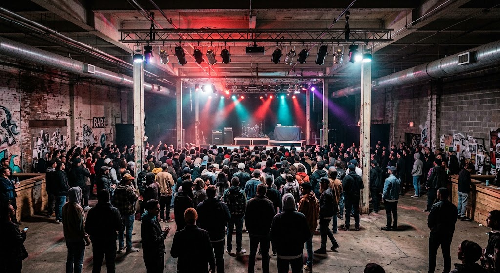 Underground warehouse venue set up for a battle rap or rap event, the kind of non-traditional space standard insurers often decline